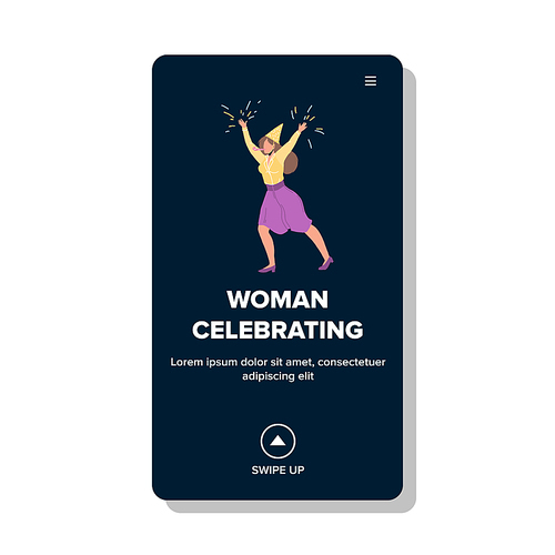Woman Celebrating New Year Or Birthday Vector. Young Woman Celebrating Christmas Or Holiday With Festival Confetti And Make Noise. Character On Festive Event Web Flat Cartoon Illustration