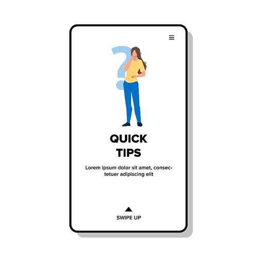 Quick Tips Searching Confused Young Woman Vector. Girl With Question Mark Need Quick Tips For Resolve Problem. Character Lady Professional Advice And Assistance Web Flat Cartoon Illustration