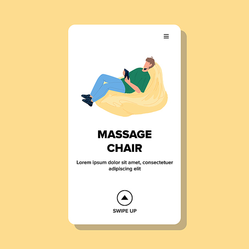 In Massage Chair Relaxing Young Man At Home Vector. Boy Have Leisure Time And Healthy Therapy In Comfortable Massage Chair Equipment. Character Treatment Web Flat Cartoon Illustration