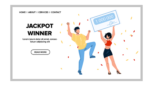 Jackpot Winner Man And Woman Celebrating Vector. Jackpot Winner Boy And Woman Hold Check And Celebrate Won Money In Lottery. Characters Gamble Game Luck Players Web Flat Cartoon Illustration