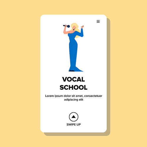 Vocal School Girl Student Performing Song Vector. Young Woman Singer In Beautiful Dress Holding Microphone Singing Song In Vocal School. Character Music Education Web Flat Cartoon Illustration