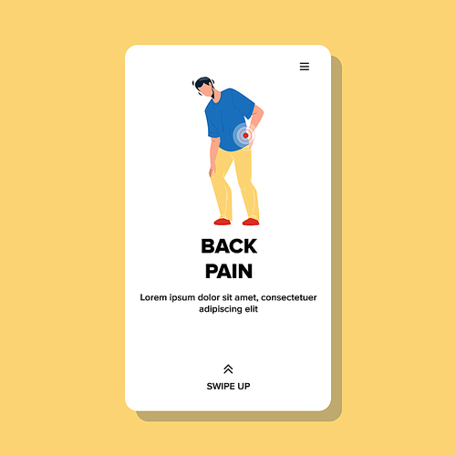 Back Pain Health Problem Have Young Man Vector. Sad Boy With Back Pain Disease. Painful Character Suffering Discomfort And Go To Doctor For Treatment And Physical Therapy Web Flat Cartoon Illustration