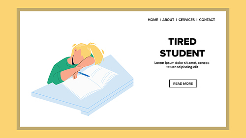 Tired Student Girl Sleeping At College Desk Vector. Tired Student Teenager Sleep At University Table On Lecture, Notebook And Pen On Workspace. Exhausted Character Rest Web Flat Cartoon Illustration