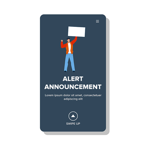 Alert Announcement Banner Hold Young Man Vector. Important Information Or Alert Announcement Poster Holding Boy Activist. Character Importance Social Message Web Flat Cartoon Illustration