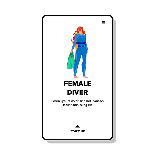 Female Diver Holding Flippers Accessory Vector. Female Diver Wearing Professional Diving Costume For Swimming Underwater, Extreme Activity Time. Character Woman Extremal Web Flat Cartoon Illustration