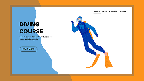 Diving Course School Educate Young Diver Vector. Man Wearing Professional Costume And Accessories Exercising Underwater On Diving Course. Character Education Web Flat Cartoon Illustration