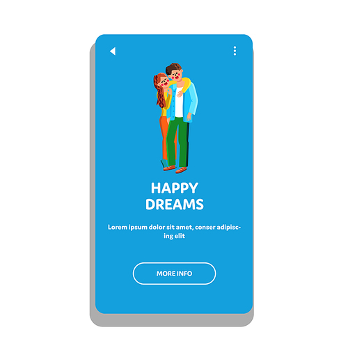 Happy Dreams Young Family Man And Woman Vector. Couple With Positive Happy Dreams, Wife Embracing Husband With Love. Characters Boy And Girl Dreaming Together Web Flat Cartoon Illustration