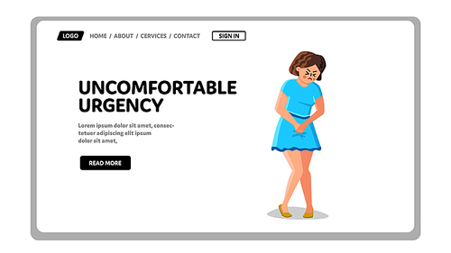 Woman With Uncomfortable Urgency Situation Vector. Uncomfortable Painful Expression Closed Eyes Girl Holding Crotch. Character Health Problem, Menstruation Symptom Web Flat Cartoon Illustration