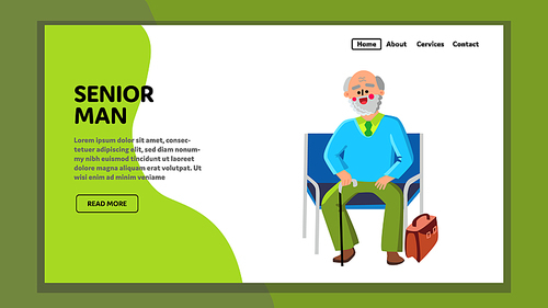 Senior Man Visitor Sitting On Armchair Vector. Happy Senior Man With Stick And Case Bag Sit On Bench In Clinic Or Office Waiting Room. Old Character Grandfather Web Flat Cartoon Illustration