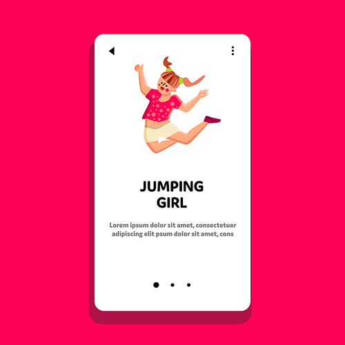 Jumping Girl In Air And Celebrate Victory Vector. Jumping Girl With Raised Hands. Smiling Happy Kid Jump And Playing. Character Child With Expression Have Leisure Time Web Flat Cartoon Illustration