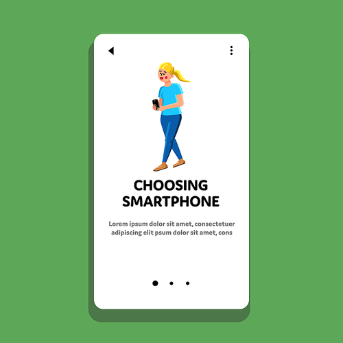 Choosing Smartphone in Mobile Phone Store Vector. Young Girl Choosing Smartphone Electronic Gadget In Shop. Character Lady Customer Holding Cellphone Device Web Flat Cartoon Illustration
