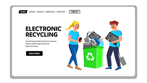 Electronic Recycling Trashcan With Gadgets Vector. Man And Woman Carrying Broken Devices To Electronic Recycling Basket. Characters With Damaged Electrical Equipment Web Flat Cartoon Illustration