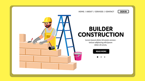 Builder Construction Building With Bricks Vector. Builder Construction Build And Create Brickwall With Blocks And Cement. Character Handyman Bricklaying Wall Web Flat Cartoon Illustration