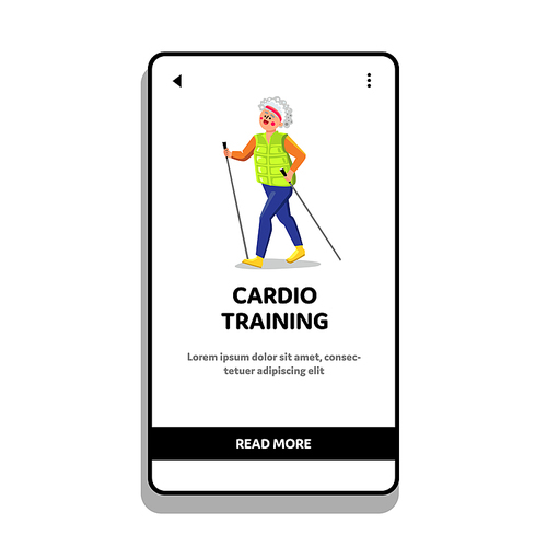 Cardio Training Exercising Old Lady Athlete Vector. Nordic Walking Cardio Training Activity Doing Elderly Woman With Sportive Equipment Sticks. Character Fitness Active Web Flat Cartoon Illustration