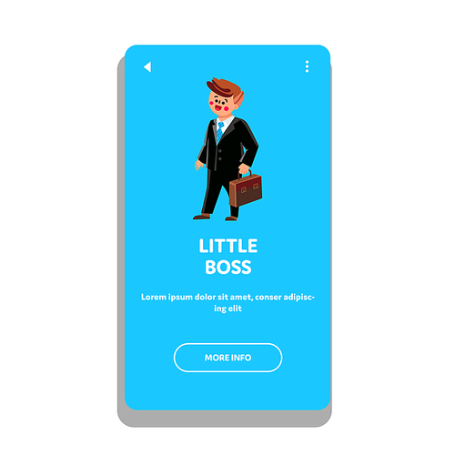 Little Boss Businessman In Business Suit Vector. Little Boss Child Wearing Costume And Holding Case. Character Boy Kid Playful Time In Profession Career Web Flat Cartoon Illustration