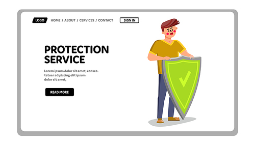 Protection Service Worker Holding Shield Vector. Protection Service Employee Young Businessman Standing Near Protective Accessory. Character Security Business Web Flat Cartoon Illustration