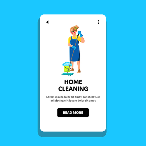 Home Cleaning Occupation Woman With Mop Vector. Home Cleaning And Mopping Floor Young Girl Cleaner, Bucket With Soapy Water. Character Lady Housework Work Web Flat Cartoon Illustration