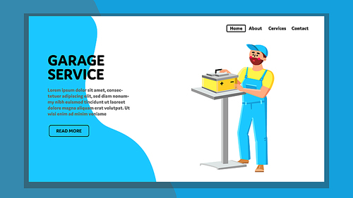 Garage Service Examination Car Battery Vector. Garage Service Worker Man Checking And Repair Car Electronic Detail. Character Repairman Vehicle Station Maintenance Web Flat Cartoon Illustration