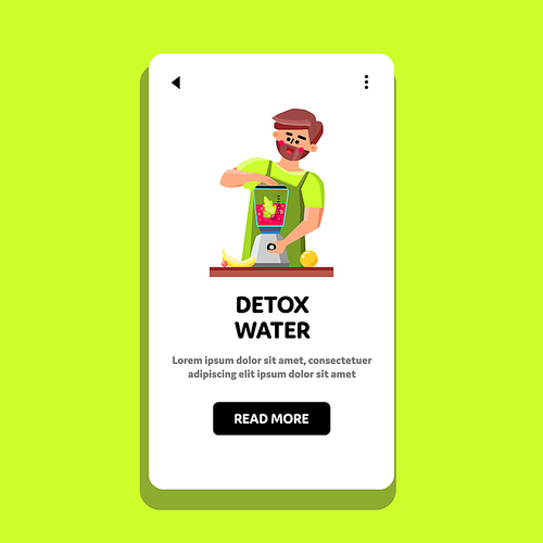 Detox Water Man Preparing In Blender Tool Vector. Cook Boy Prepare Fresh Vitamin Detox Water Drink From Ripe Fruits In Kitchen Electronic Equipment. Character Cooking Web Flat Cartoon Illustration