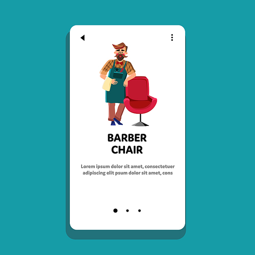 Barber Chair, Client Beauty Salon Furniture Vector. Man Hairdresser Staying Near Comfortable Barber Chair, Barbershop Equipment. Character Stylist And Customer Seat Web Flat Cartoon Illustration