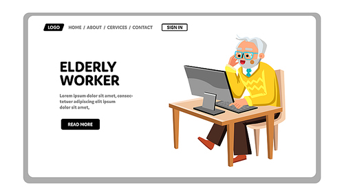 Elderly Worker Working At Computer Screen Vector. Elderly Worker Freelancer Use Digital Device For Internet Job Or Communication With Colleague Or Boss. Character Web Flat Cartoon Illustration