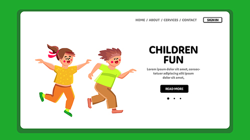Children Fun Boy And Girl Playing Together Vector. Brother And Sister Children Fun Time, Play And Running On Playground. Characters Kids Friends Enjoying Activity Web Flat Cartoon Illustration