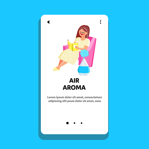 Air Aroma Home Purifier Appliance In Room Vector. Woman Sitting In Armchair And Reading Book, Near Working Electric Air Aroma Oil Diffuser. Character Aromatherapy Gadget Web Flat Cartoon Illustration