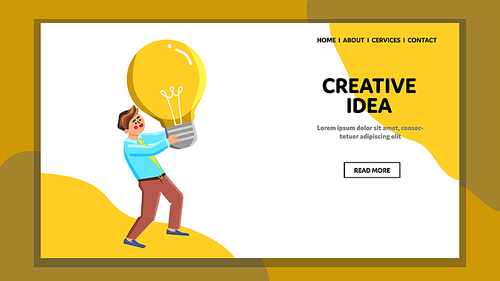 Creative Idea Searching And Finding Man Vector. Businessman Carry Light Bulb And Looking Creative Idea For Design Project. Character With Electrical Accessory Web Flat Cartoon Illustration