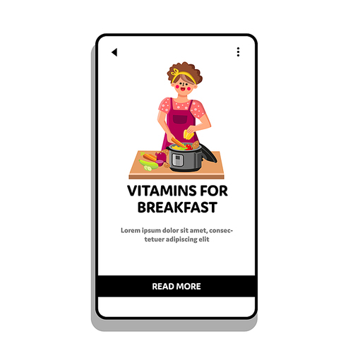 Vitamins For Breakfast Preparing Cooker Vector. Young Woman Chef Prepare Vitamins For Breakfast, Delicious Ingredient For Healthy Dish. Character Cooking Delicacy Meal Web Flat Cartoon Illustration