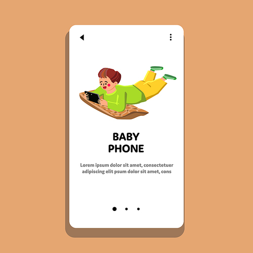 Baby Phone Playing Kid And Lying On Floor Vector. Little Child Play With Baby Phone, Electronic Game Or Digital Equipment For Funny Leisure Time. Character Web Flat Cartoon Illustration