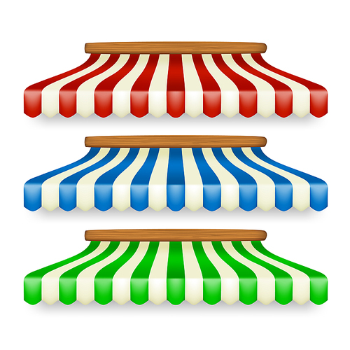 Shop Awnings Different Striped Color Set Vector. Colored Stripes Market Stand Awnings, Restaurant And Store Tent. Seller Marketplace Shelter Sunshade Template Realistic 3d Illustrations