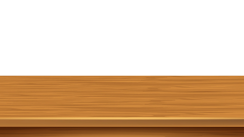 Wooden Shelf Empty Bookshelf Space Surface Vector. Wood Material Shelf, Coffee Shop Table, Empty Sales Stand. Shelving Board Or Tabletop Horizontal Plane Template Realistic 3d Illustration