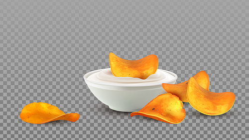 Potato Chips Snack With Mayonnaise Sauce Vector. Tasty Crunchy Chips Slices Dipping In Delicacy Creamy Liquid, Unhealthy High-calorie Meal. Fried Fat Fast Food Template Realistic 3d Illustration
