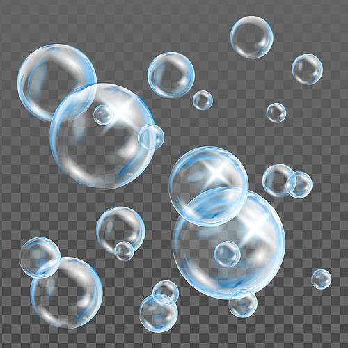 Floating Soap Or Underwater Air Bubbles Vector. Flying Transparency Soapy Or Shampoo Bubbles In Spherical Shape. Magic Reflection And Glossy Balls Template Realistic 3d Illustration