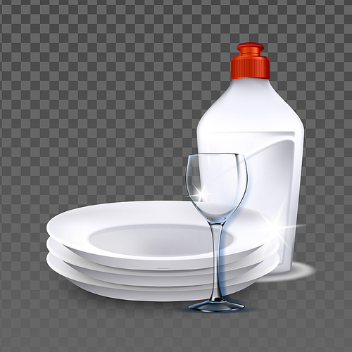 Plates And Wineglass Washed With Detergent Vector. Blank Container With Chemical Liquid For Wash Dishware And Glassware. Hygienic Product For Clean Kitchenware Template Realistic 3d Illustration