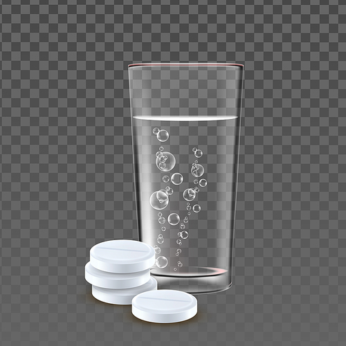 Pills Heap And Glass With Bubble Water Vector. Pharmacy Medicine Treatment Drug Pills And Cup With Natural Healthcare Liquid. Pharmaceutical Therapy Template Realistic 3d Illustration