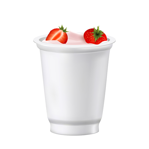 yoghurt dessert blank cup with strawberry vector. bio natural greek yoghurt nutrition in package with berry. health  breakfast, grocery market product template realistic 3d illustration