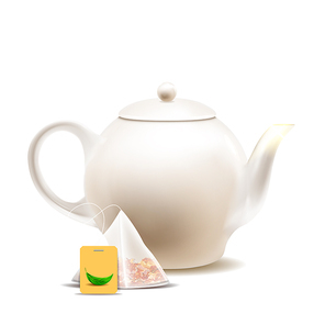 Teapot And Tea Bag For Prepare Hot Drink Vector. Brewing Delicious Beverage Blank Pot And Sachet With Tea Dried Leaves. Traditional Natural Herbal Plant Liquid Template Realistic 3d Illustration