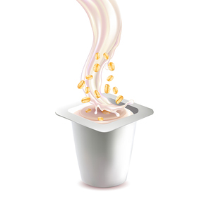 yoghurt dessert blank cup with oatmeal vector. falling yogurt  milk dish splash with natural oatmeal porridge. eat bio dairy greek snack with cereal muesli template realistic 3d illustration