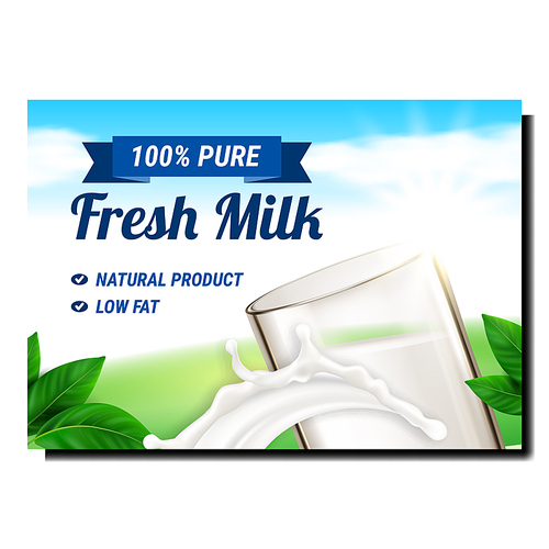 fresh milk natural drink advertising poster vector. fresh milk splashing in glass and green leaves on promotional banner.  vitamin bio farm product style concept template illustration