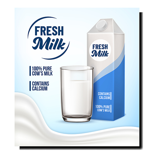Fresh Milk Natural Drink Promotion Banner Vector. Fresh Milk Glass And Blank Package On Creative Advertising Poster. Breakfast Bio Beverage Container Stylish Concept Template Illustration