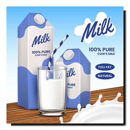 Milk Dairy Product Creative Promo Poster Vector. Natural Milk Blank Package And Drink In Glass With Straw Standing On Wooden Table, Beverage Splash Advertising Banner. Style Template Illustration