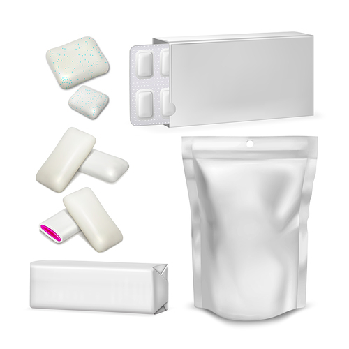 Bubble Gum Blank Packaging Collection Set Vector. Sugar-free Spearmint Chewing Bubble Gum With Jam Glossy Pouch, Blister And Package. Eatery Teeth Care Rubber Mockup Realistic 3d Illustrations