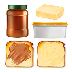Butter Spread On Toast And Package Set Vector. Collection Of Peanut And Chocolate Butter On Toasted Bread Piece, Blank Container And Bottle. Food Template Realistic 3d Illustrations