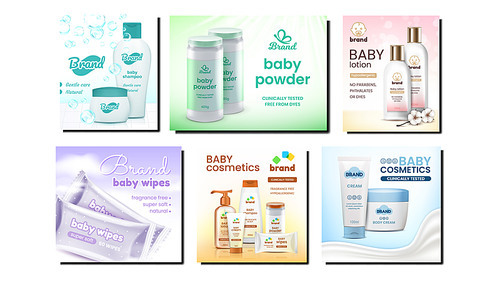 Baby Cosmetics Promotional Posters Set Vector. Shampoo And Gel, Lotion And Cream, Wet Wipes And Powder Baby Cosmetics Blank Packages Collection Advertise Banners. Style Concept Layout Illustrations