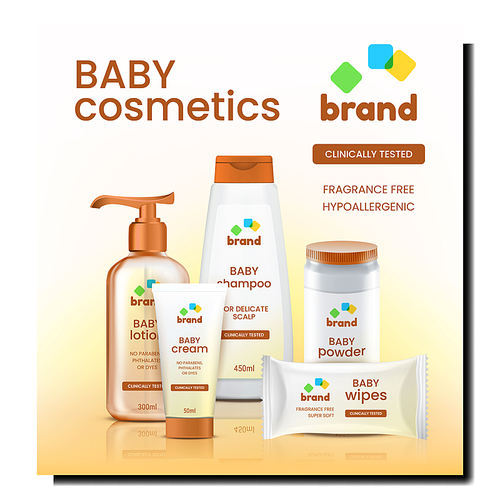 Baby Cosmetics Set Creative Promo Poster Vector. Blank Shampoo Container Lotion Bottle With Pump And Cream Tube, Wipes Bag And Powder Cosmetics Advertising Banner. Style Concept Template Illustration