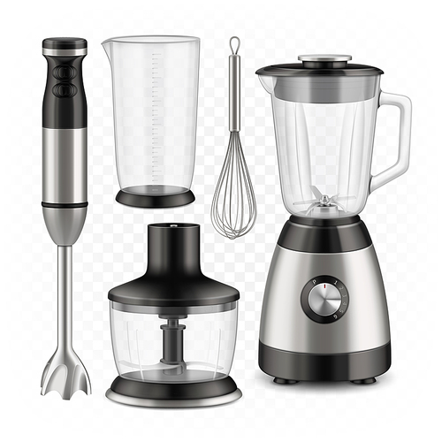 Blender, Food Processor And Whisk Tools Set Vector. Immersion Blender Measuring Cup And Container With Cut Sharp Blade. Chef Electronic Appliance For Cooking Template Realistic 3d Illustrations