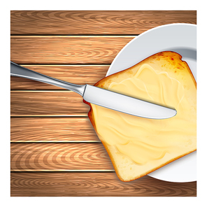 Butter Natural Product Promotional Banner Vector. Toast Bread With Smeared Butter By Knife On Advertise Poster. Delicious Breakfast Nutrition Dish On Wooden Surface Style Concept Template Illustration