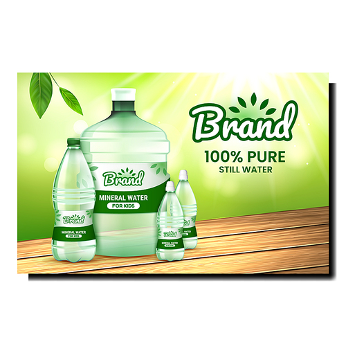 Water Pure Liquid Creative Promotion Banner Vector. Blank Water Bottles Standing On Wooden Table And Tree Green Leaves On Advertising Poster. Natural Beverage Style Concept Template Illustration