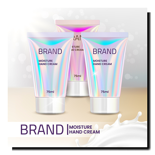 Moisture Hand Cream Promotional Poster Vector. Moisturizing Hand Cream Blank Tube Package And Milky Splash On Advertising Banner. Skin Care Liquid Style Concept Template Illustration